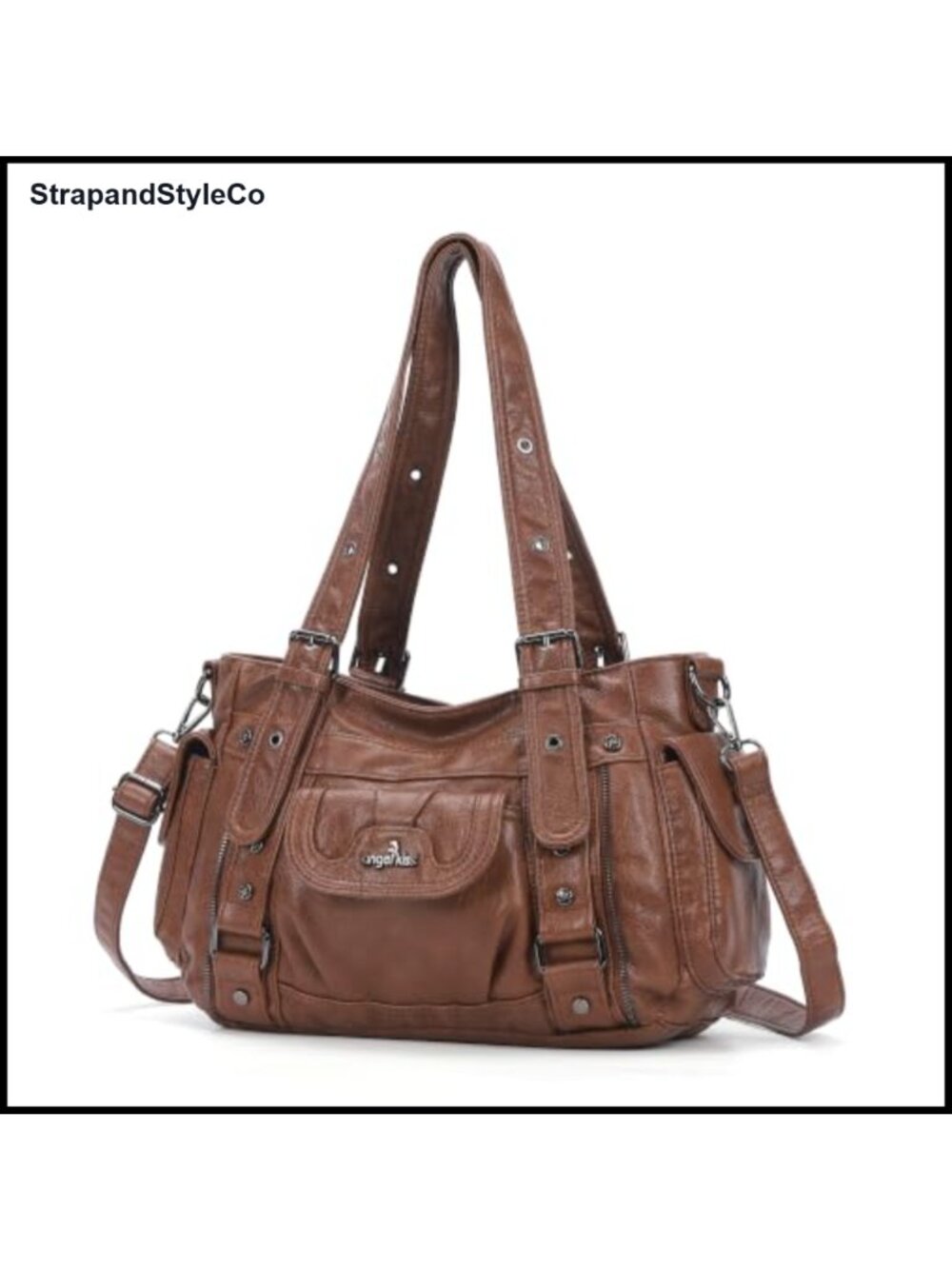 Soft PU Leather Hobo Shoulder Bag Multi Pocket Rivet